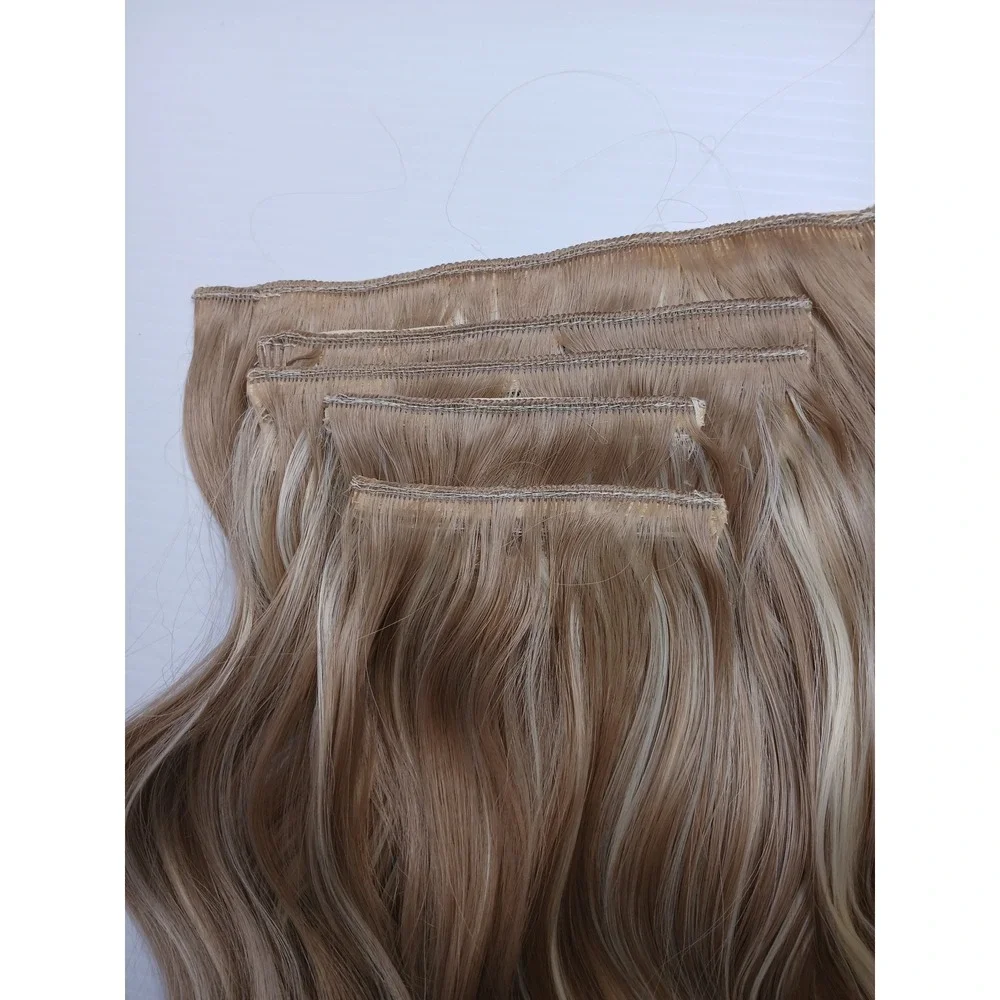 Wavy Ash Blonde Highlighted Clip In Synthetic Hair Extensions 5 Piece Body Wave